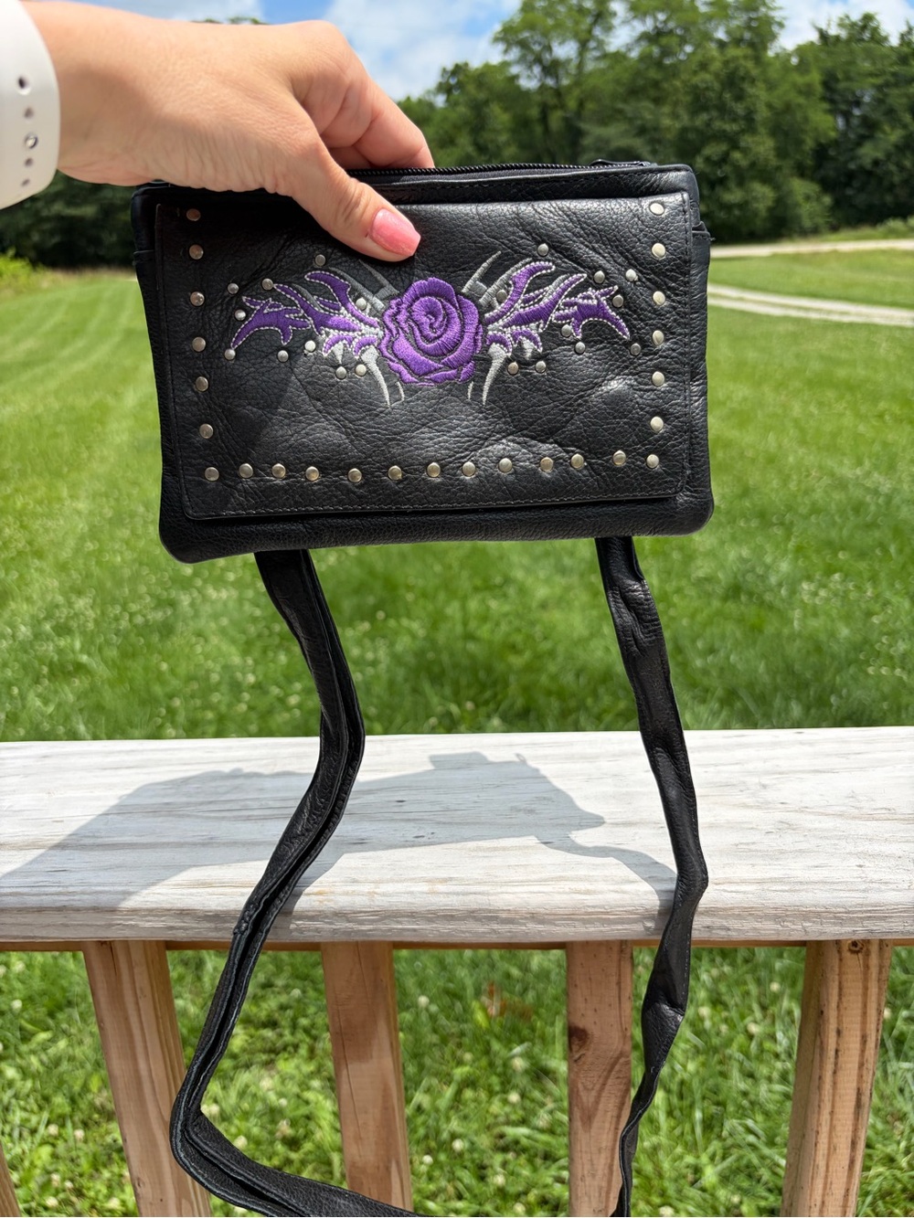 Purple Rose All Leather Belt Bag Biker Bag Ren Faire Fairy Whimsical Goth Grunge